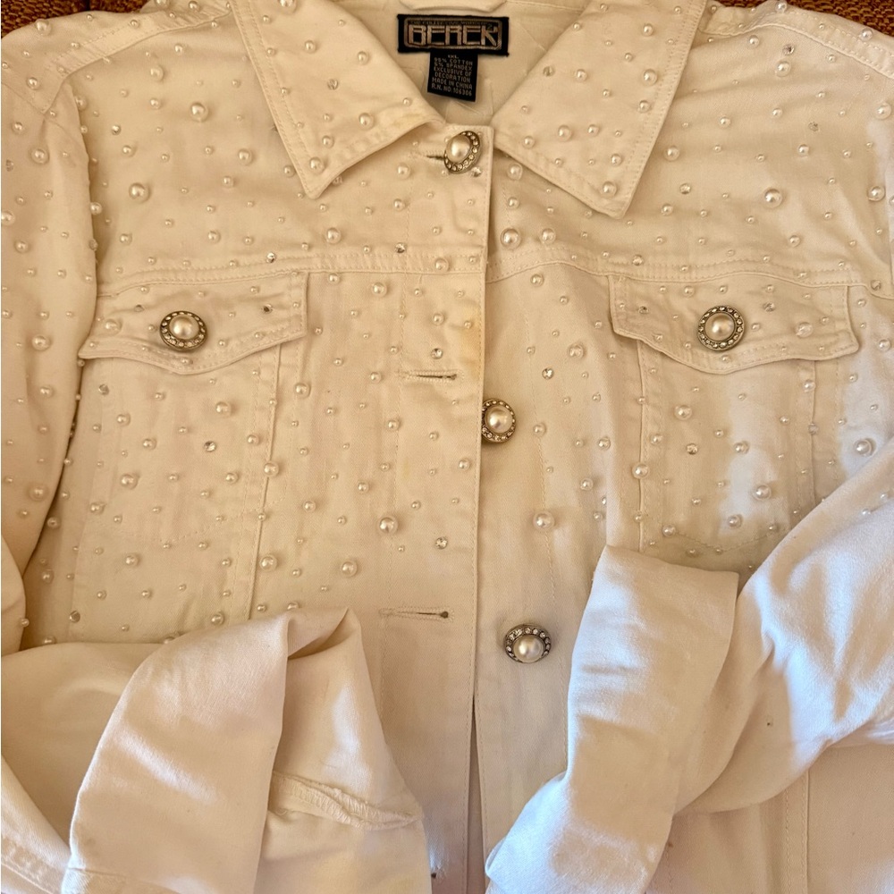 Pearl-Embellished White Jean Jacket